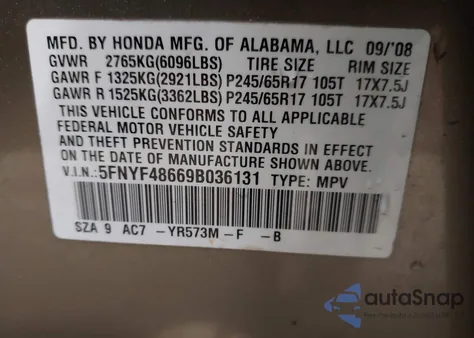 2009 Honda Pilot Ex-L z USA, uszkodzony, nr VIN 5FNYF48669B036131